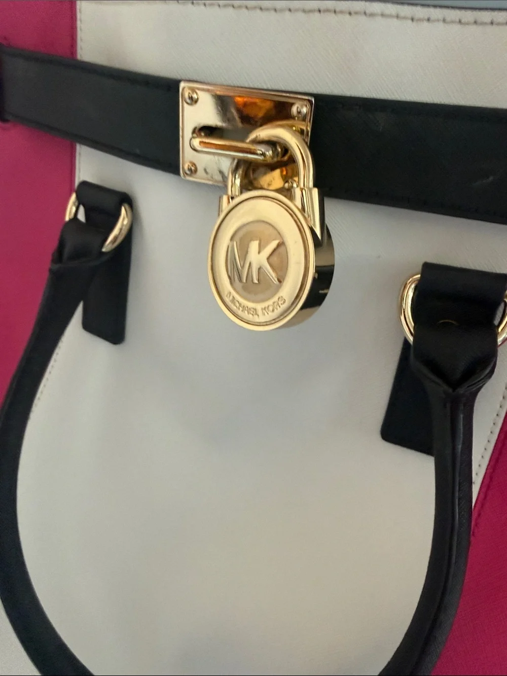 Michael Kors Pink, White & Black Leather Satchel with Gold Hardware !!